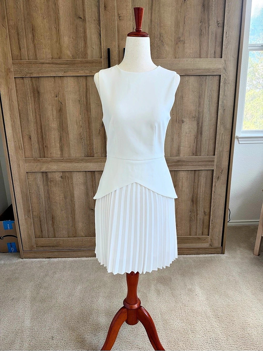 Commense Pleated Striped Mini Dress in White XS Like New